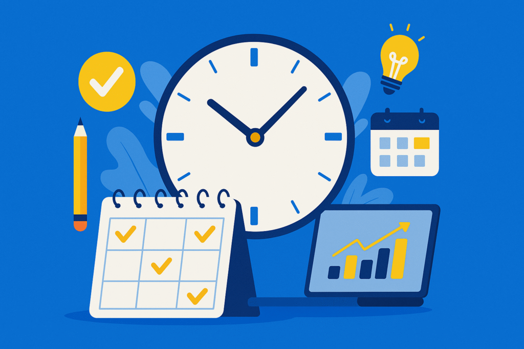 Time blocking concept illustration with clock, checklist calendar, productivity chart, and planning tools representing effective daily schedule management.