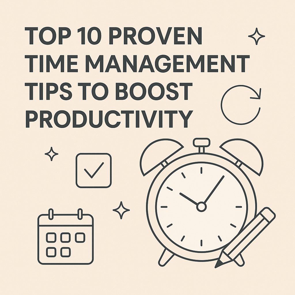 Minimalist illustration featuring a clock, calendar, checklist, and productivity icons with the title “Top 10 Proven Time Management Tips to Boost Productivity” displayed in bold text.