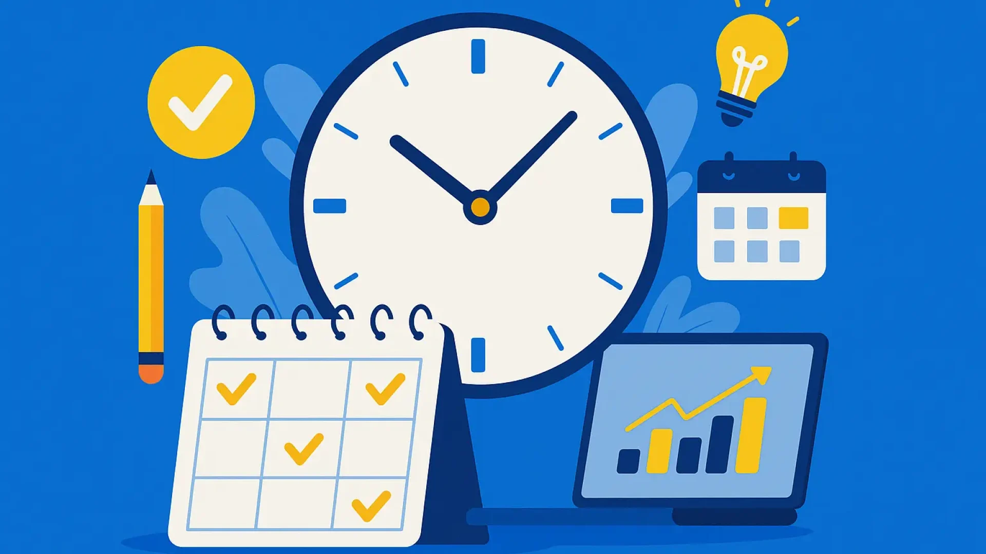Time blocking concept illustration with clock, checklist calendar, productivity chart, and planning tools representing effective daily schedule management.