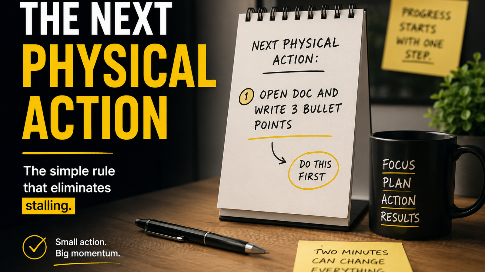 The Next Physical Action concept shown on a productivity desk with a checklist and a small actionable step